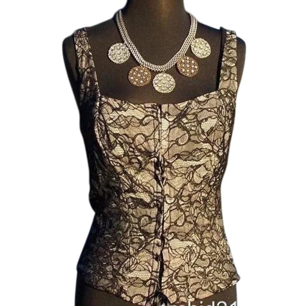 Cache Black Peek A Boo Lace Over White Mesh Bustier Lace Up Top New NWT $128